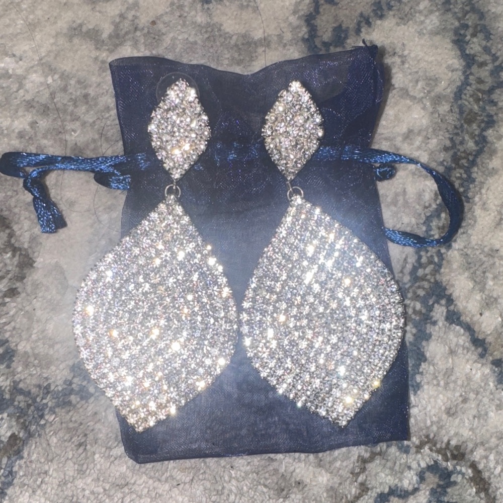 Statement Silver Rhinestone Tear Drop Earrings - image 2